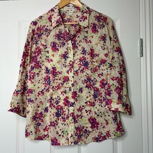 Coldwater Creek Cream Button-Front Shirt with Pink & Purple Floral Print Size L